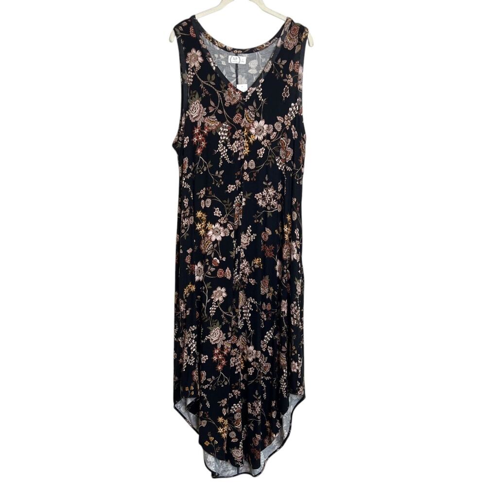 Maurices 24/7 Womens Floral V-Neck Midi Dress XL Black Multicolor Asymmetric